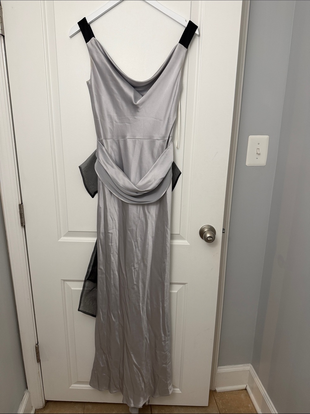 Vintage Silver Satin Cowl-Neck Evening Dress